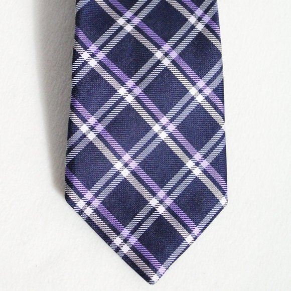 TED BAKER LONDON Men's Tie - 100% Silk - Navy, Purple & White Plaid - Picture 1 of 7